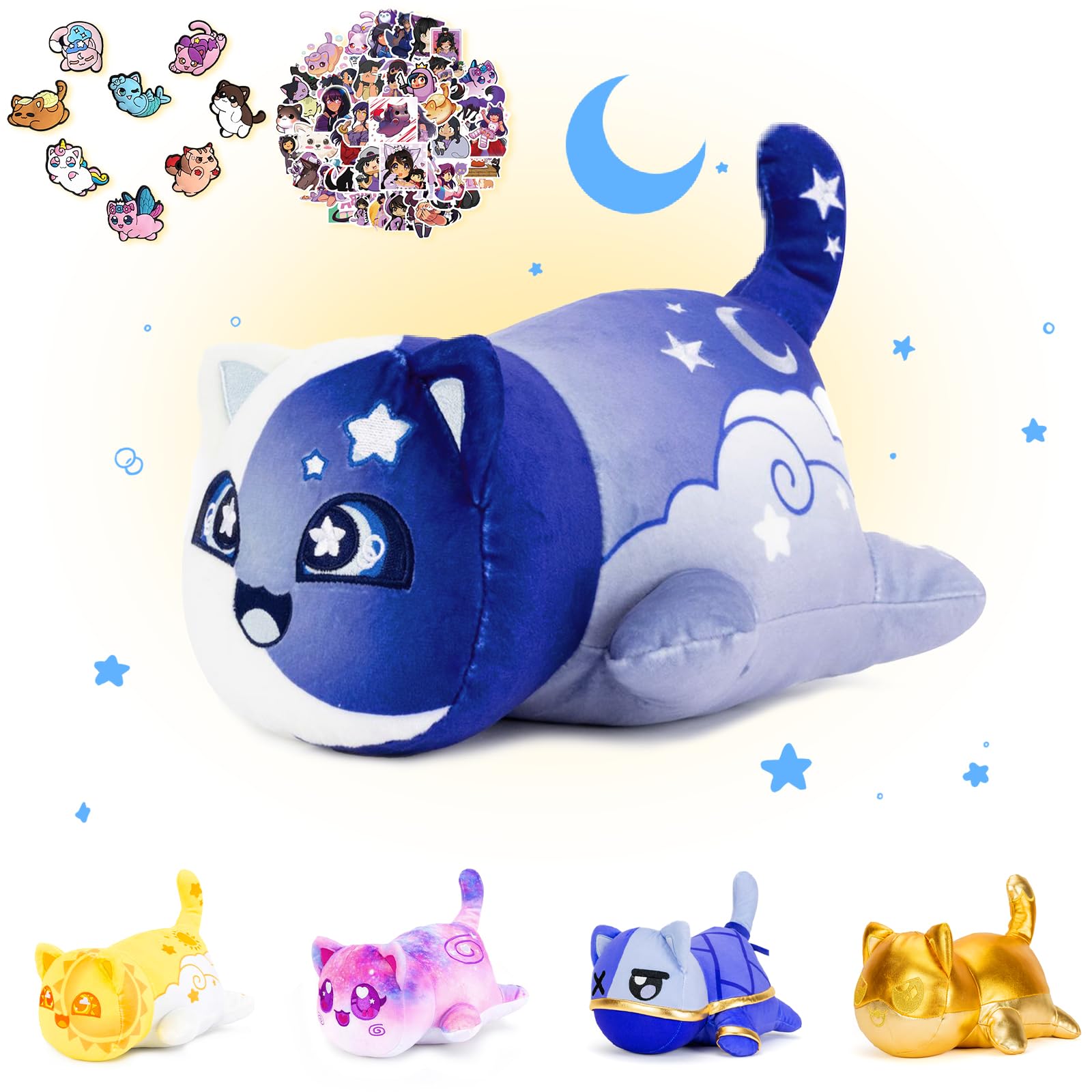 69-PCS丨Moon Cat Plush + 60-Sticker - Galaxy Cat Collection - 100% Embroidered Plushie - Cat Stuffed Animal Collectible (Moon Cat)