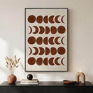 Framed Mid Century Modern Moon Phase Wall Art for Living Room, Neutral Brown Beige Boho Geometric Print Canvas Artwork for Walls, Vertical Pictures Wall Decor for Bedroom Home Office Hallway, 24x36 In