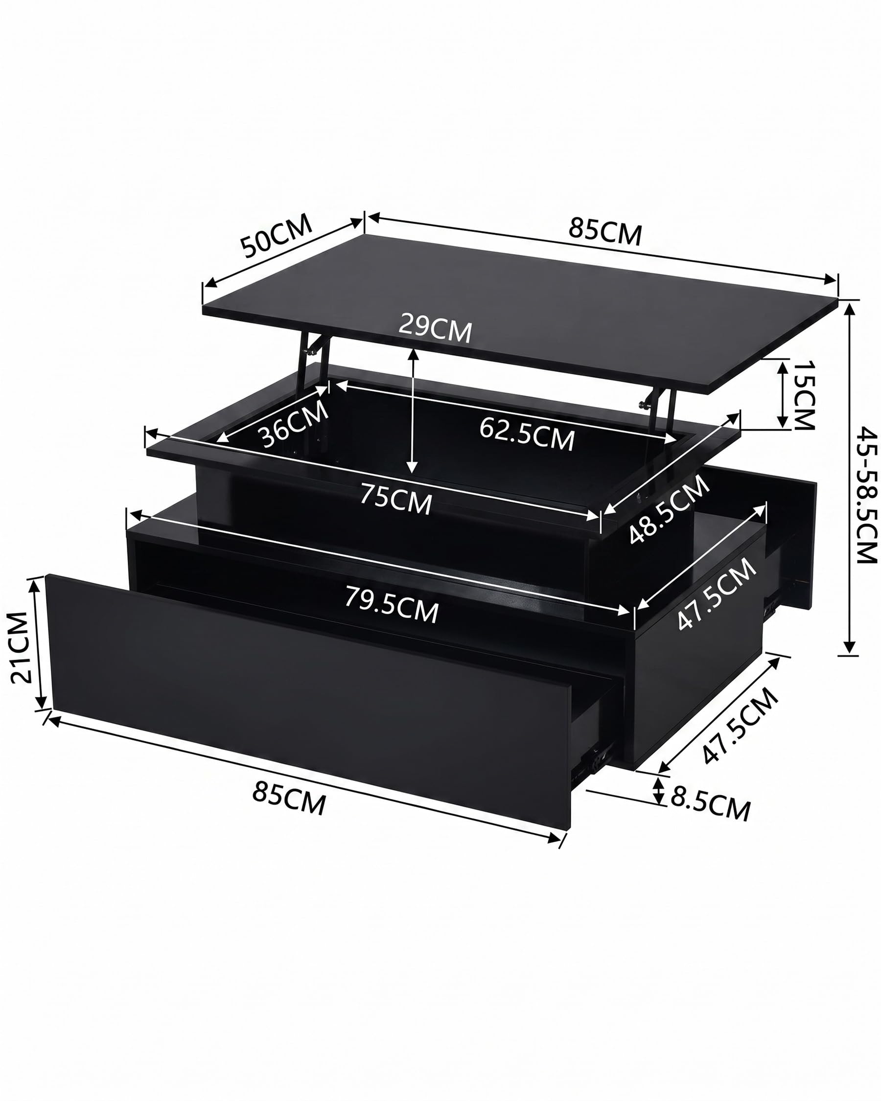 Mesa de Centro Elevable y Extensible Negro con Almacenaje y Luz LED Moderna para Salón