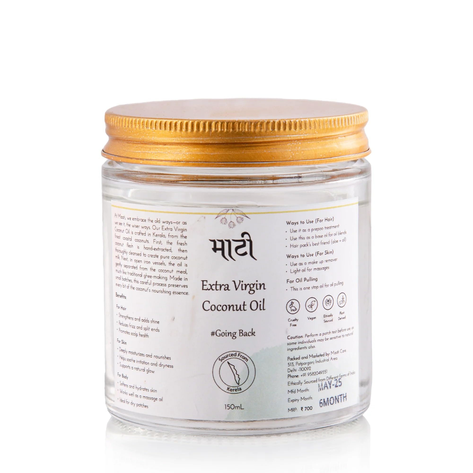 Maati Virgin Coconut Oil | Pure Natural Unrefined Nariyal Tel Derived from Fresh Coconut Milk | Ideal for Hair, Skin & Body | Suitable for Baby Massage | 150ml Glass Jar-image-31