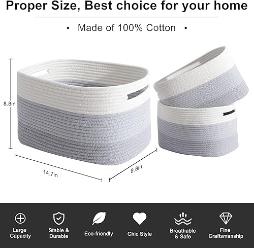 Miniatura 3 de OIAHOMY Cesta de almacenamiento, cestas tejidas para almacenamiento, cesta de cuerda de algodón para juguetes, cestas de toalla para baño, paquete