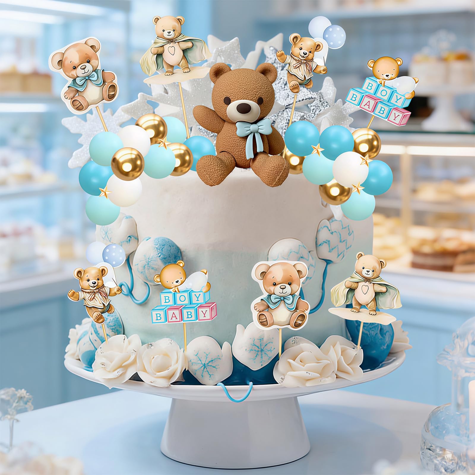 Bear Cake Decoration, 38 pcs Beige Brown Balls Cake Decoration, Luxury Baby Shower, Topper Boho Cake - Image 3