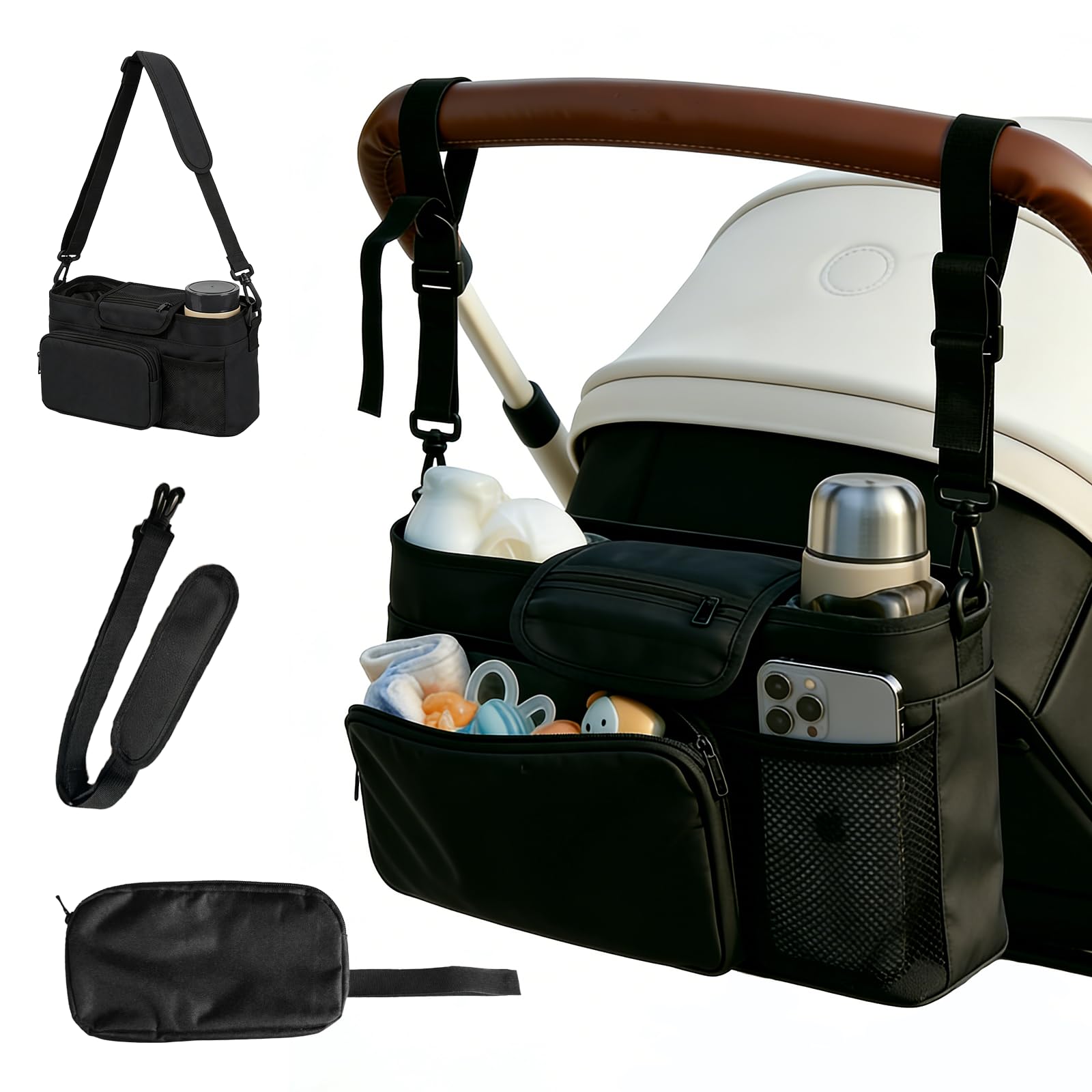 Kinderwagen Organizer Universal mit Isolierten Getränkehalter - Buggy Kinderwagentasche mit Verstellbarem Schultergurt, Wasserdichte Baby Zubehör Tasche für Windeln, Handys, Flaschen (Schwarz)