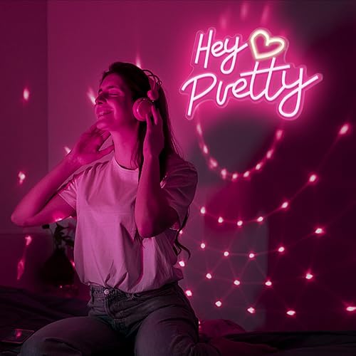 Miniatura 2 de Cartel de neón Hey Pretty con brillo ajustable, letreros de neón rosa para decoración de pared, letrero LED alimentado por USB, decoración de pared