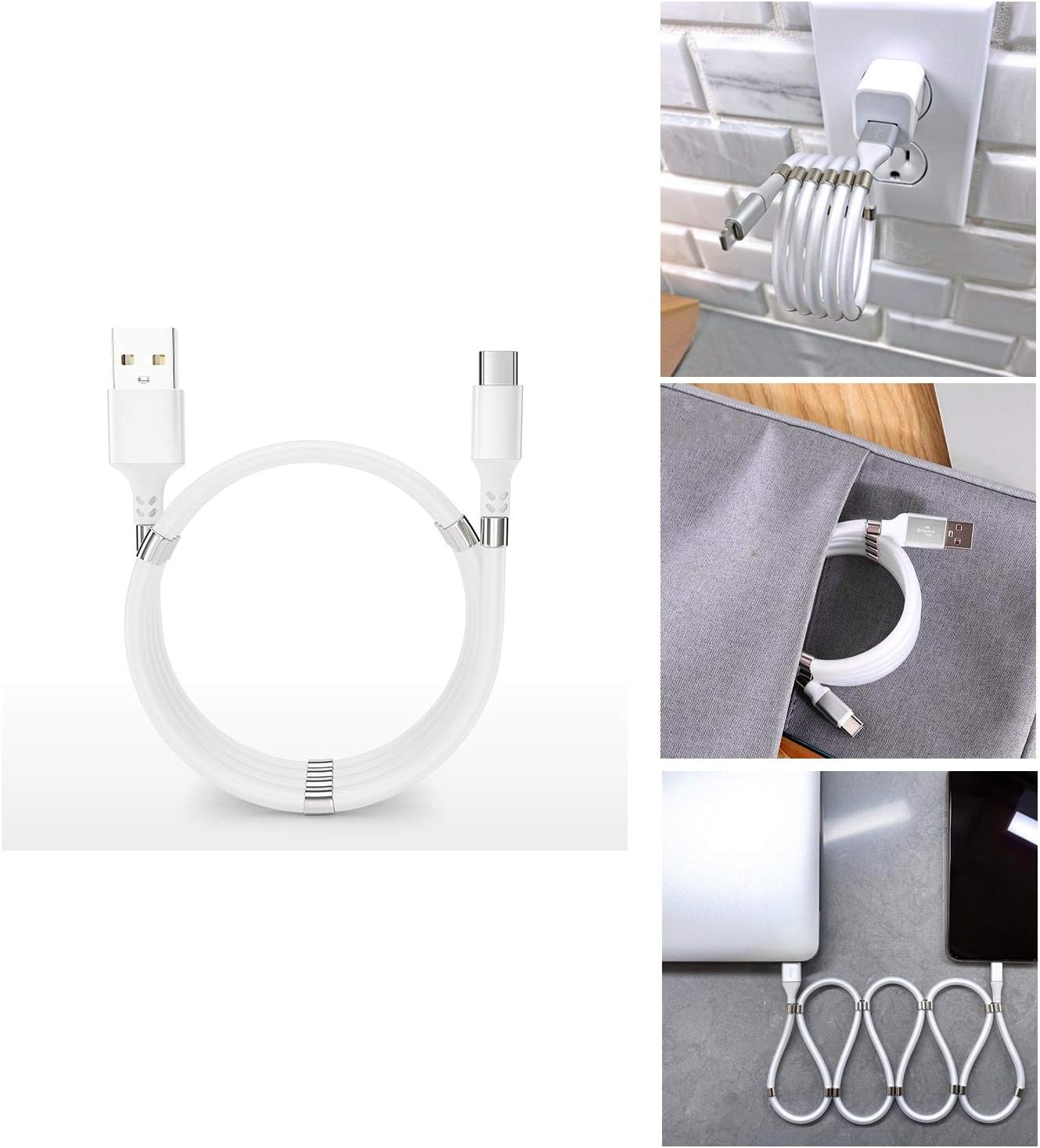Magic Rope Magnetic Data Cable USB C, Self Winding USB A to USB Type C Charging Cable, 360 Degree 3 in 1 Easy Coil Magnetic Absorption Data Charger Cable (3 FT/0.9M)