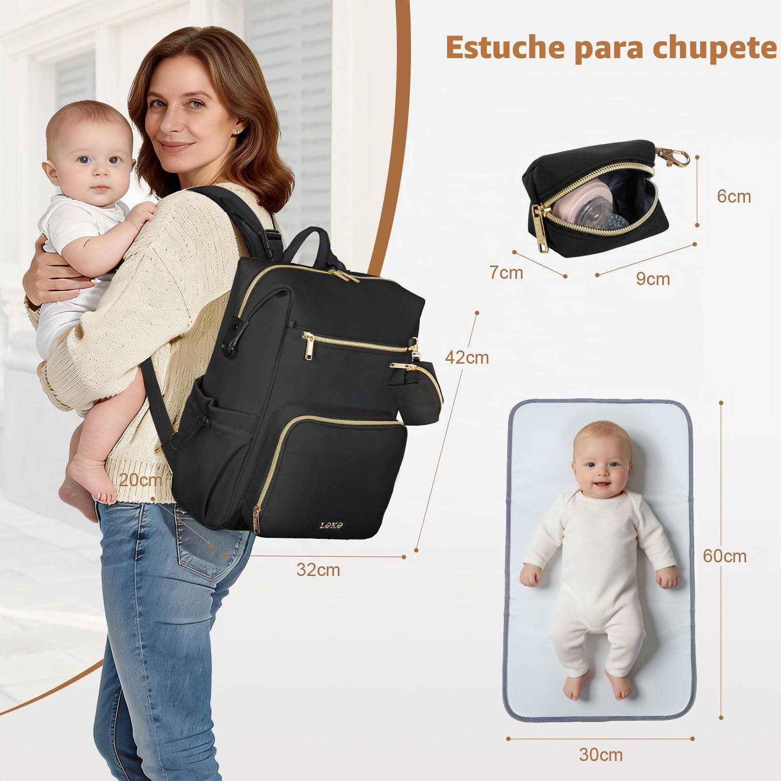 Lekesky Mochila Carro Bebe, Mochila Cambiador Bebe con Cambiador y Correas para Cochecito, Bolsa para Pañales Multifuncional con Soporte para Chupetes y Compartimento Antirrobo para Mamá y Papá,Negro