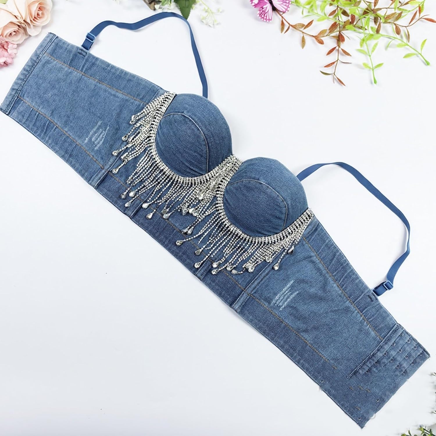 Women's Denim Corset Bustier Shaping Bra Rhinestone Beaded Tassel ChainHalter Tops