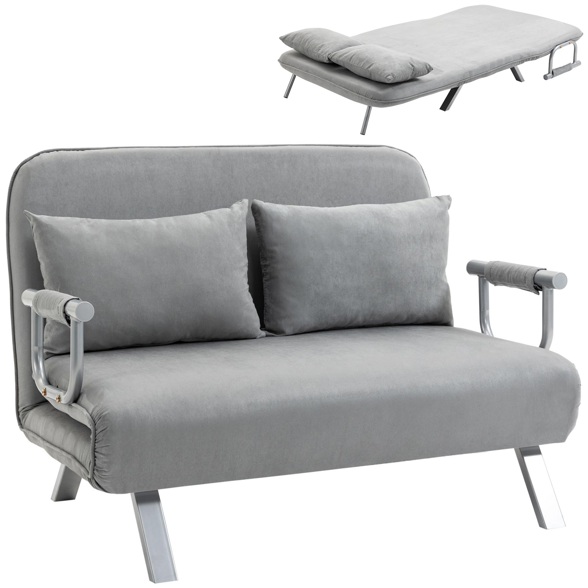 HOMCOM Canapé-lit 2 Places, Fauteuil Convertible avec Dossier réglable en 5 Positions, Chaise Longue avec 2 Coussins Inclus, canapé en revêtement Aspect suède déhoussable, 111x80x78cm, Gris Clair