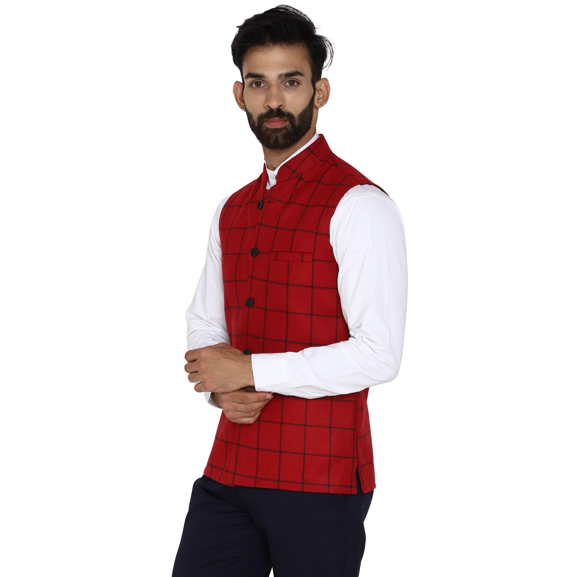 essentiele Men's RED BLACK Checkered Wool Tweed Bandhgala Ethnic Nehru Jacket-picture-19