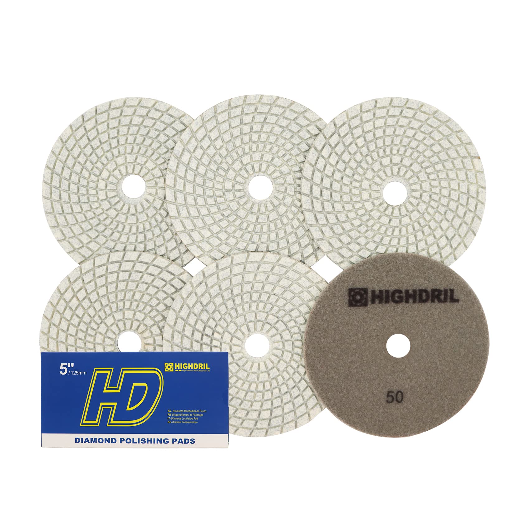 HIGHDRIL Lot de 6 tampons de polissage diamantés humides 125 mm #50, pour le ponçage du marbre granit utilisé sur meuleuse ou polisseuse