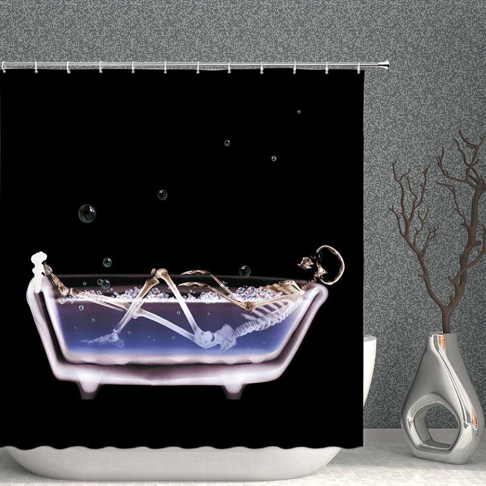 Skelett-Duschvorhang 178x178 Cm – Schwarzer Horror-Look, Polyester, Wasserabweisend, Mit Haken