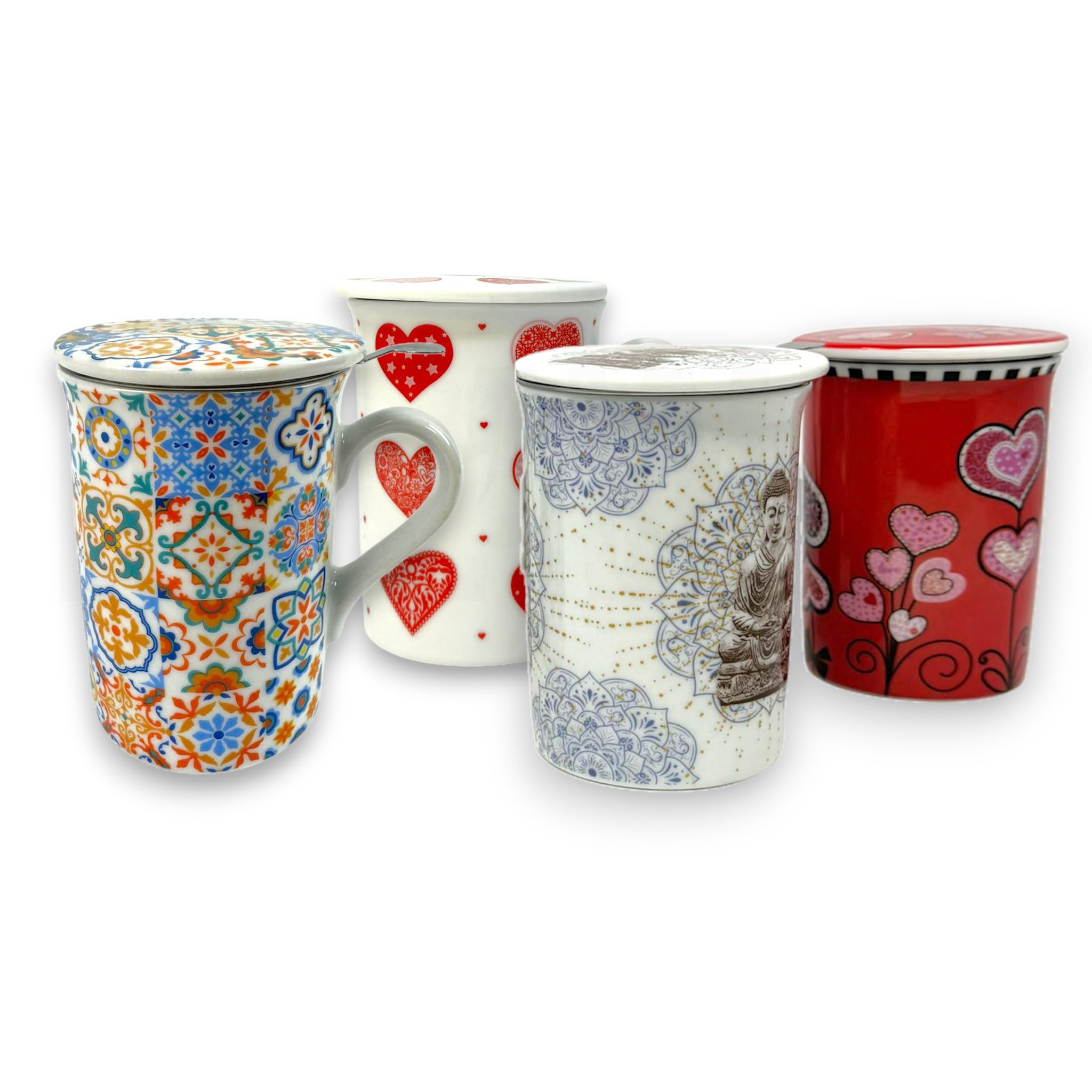 Genérico Pack x4 Taza Mug con Filtro y Tapa para Té o Café, 280 ml, Cerámica Decorativa con Infusor Integrado, 11.5 x 8.5 x 10.5 cm