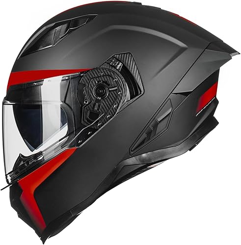 Casco de motocicleta de cara completa para adultos, hombres y mujeres con doble visera para Street Bike Racing DOT modelo MF565 (negro y rojo, L)
