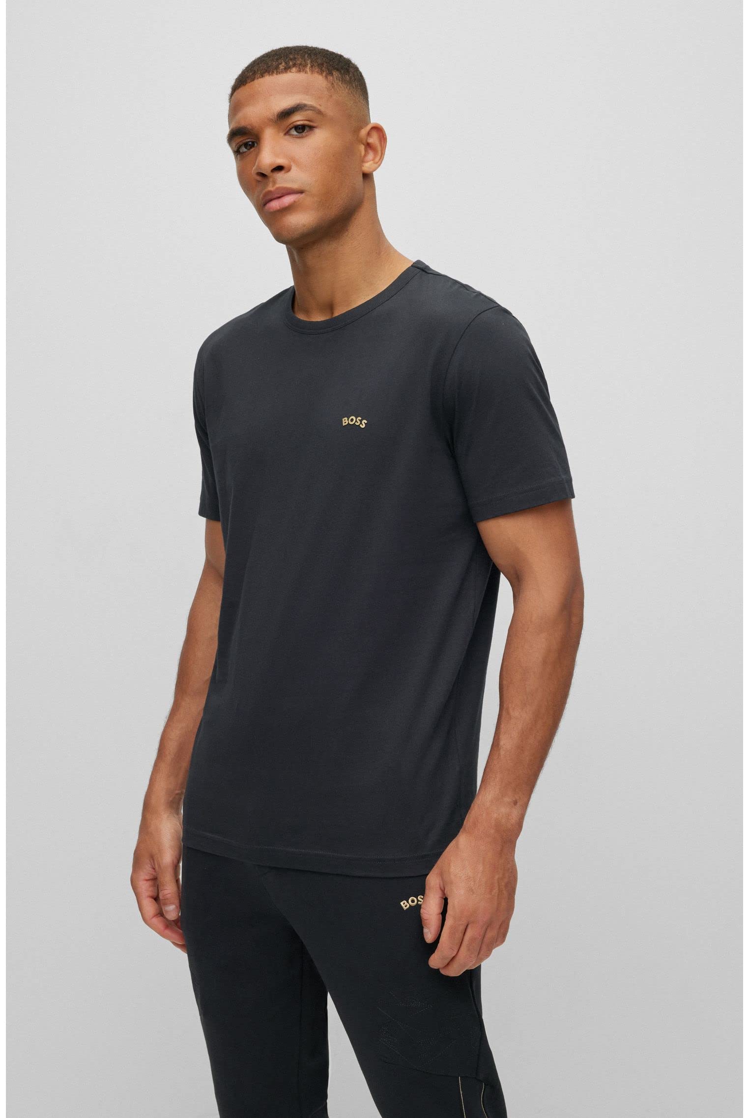 BOSS Męski t-shirt z bawełny organicznej z okrągłym dekoltem i zakrzywionym logo, czarny, S