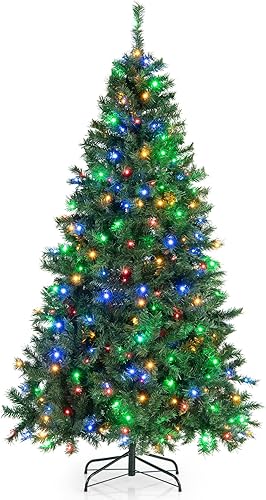 Miniatura 8 de DORTALA Árbol de Navidad preiluminado, árbol de Navidad artificial de pino de 6 pies con 666 puntas de ramas y 250 luces LED multicolor, soporte de