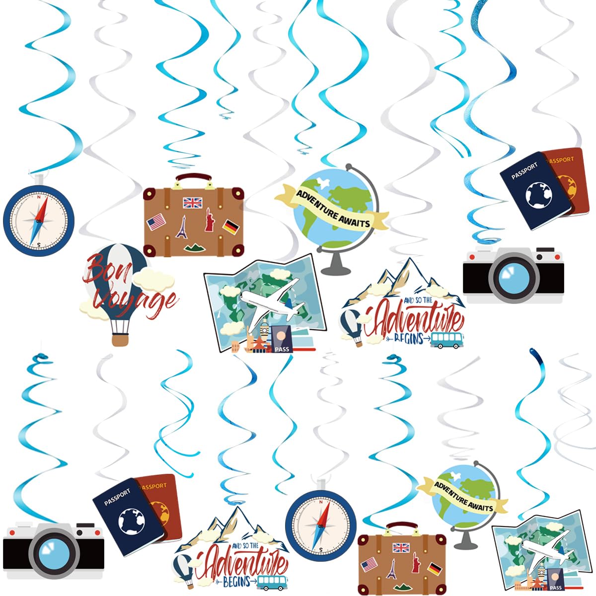 30PCS Travel Themed Hanging Swirl Party Decorations, Adventure Awaits Bon Voyage Signs Party Supplies for Birthday Party Retirement Party Farewell or