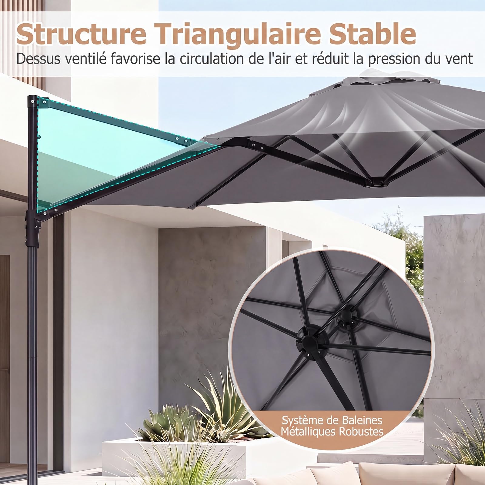 COSTWAY Parasol Déporté Hexagonale à Pied, Hauteur 240 CM (Gris)