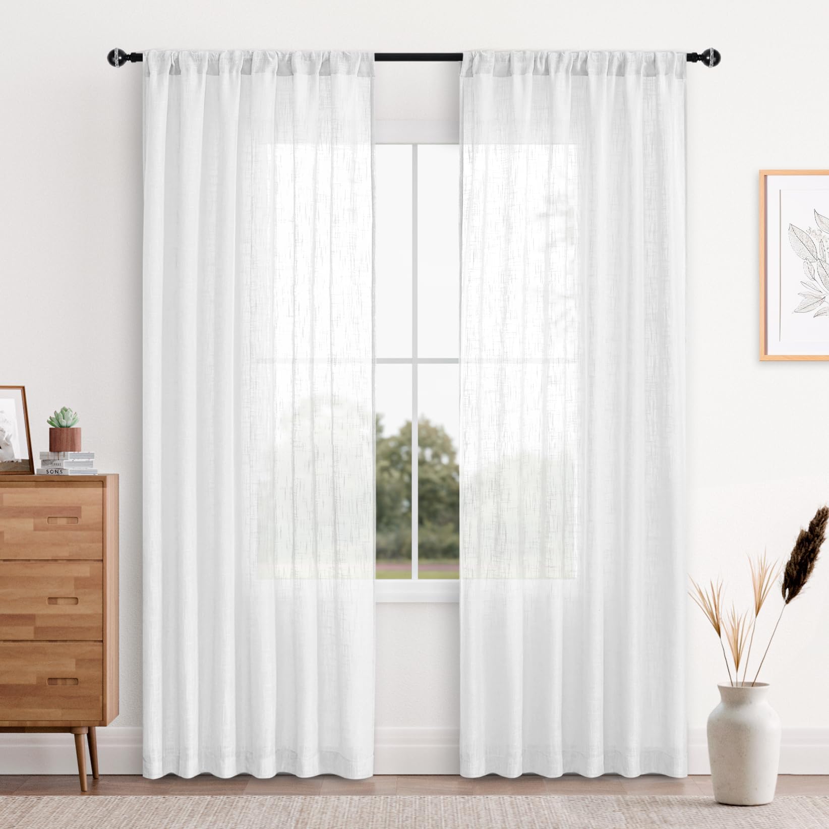 DWCN White Faux Linen Sheer Curtains - Rod Pocket Textured Semi Transparent Voile Bedroom and Living Room Window Curtains, Set of 2 Panels, 52 x 84 Inches Long