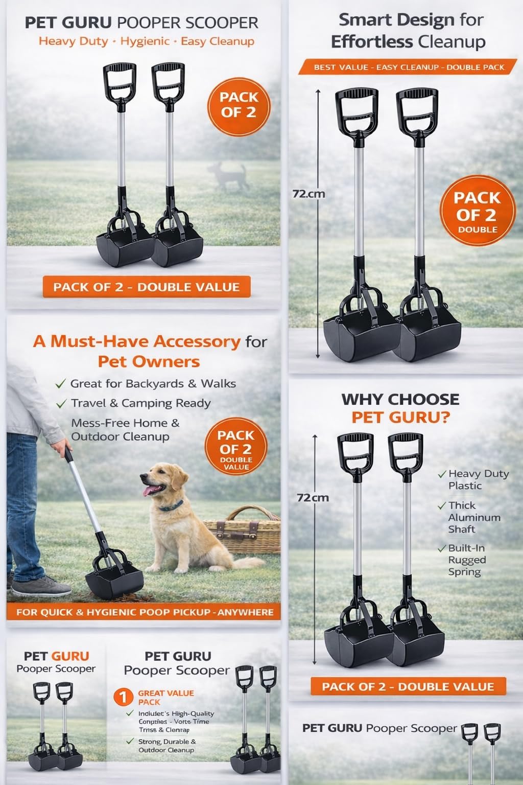 Pet Guru Lot de 2 ramasse-crottes en plastique robuste avec tige épaisse en aluminium, 71,1 cm