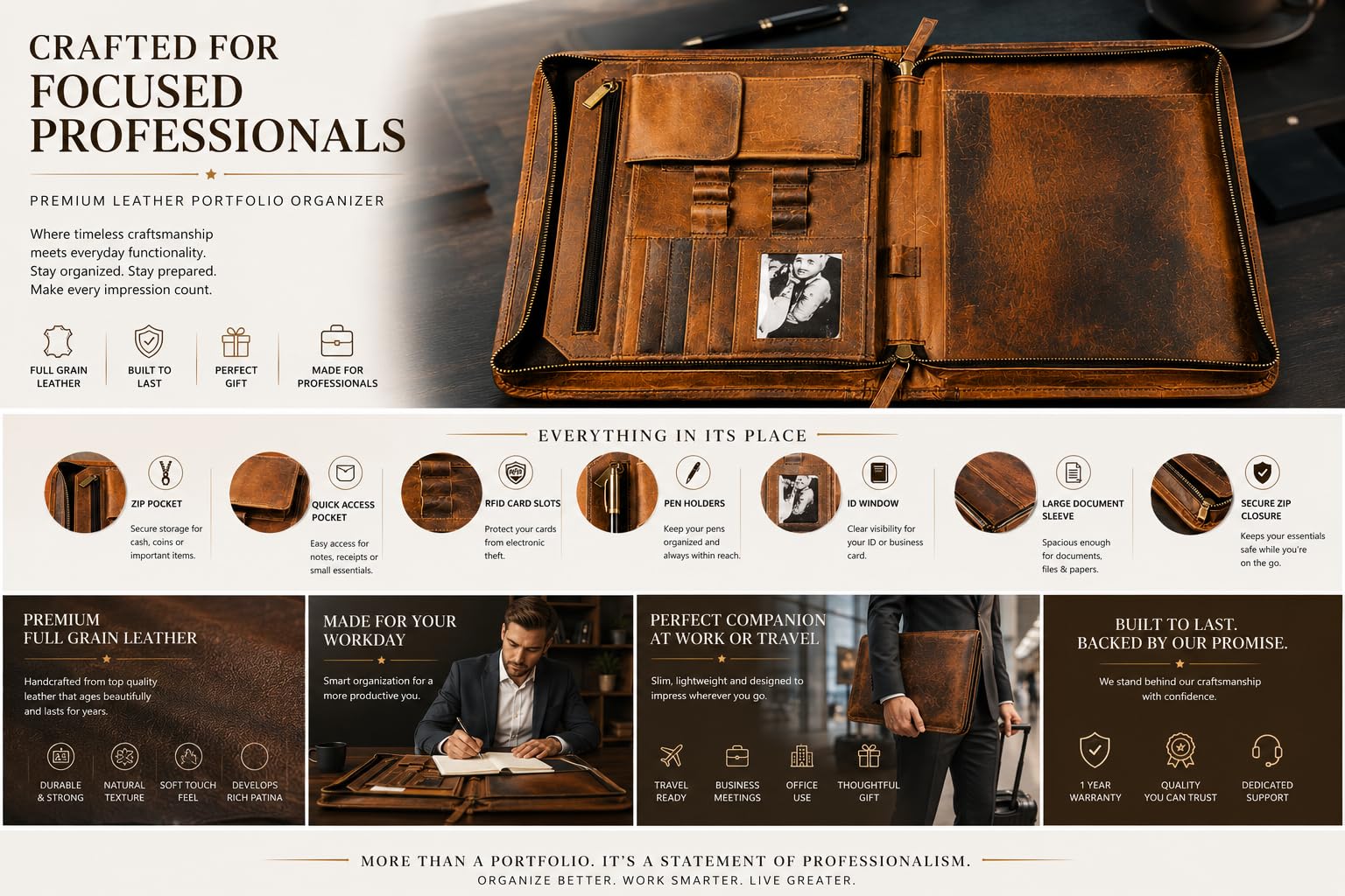 Portfolio organizer in pelle con cerniera, per uomini e donne, padfolio Business Resume A4/Pad, organizer per cartelle, porta blocco legale con scomparti per carte, cartella con cerniera per documenti