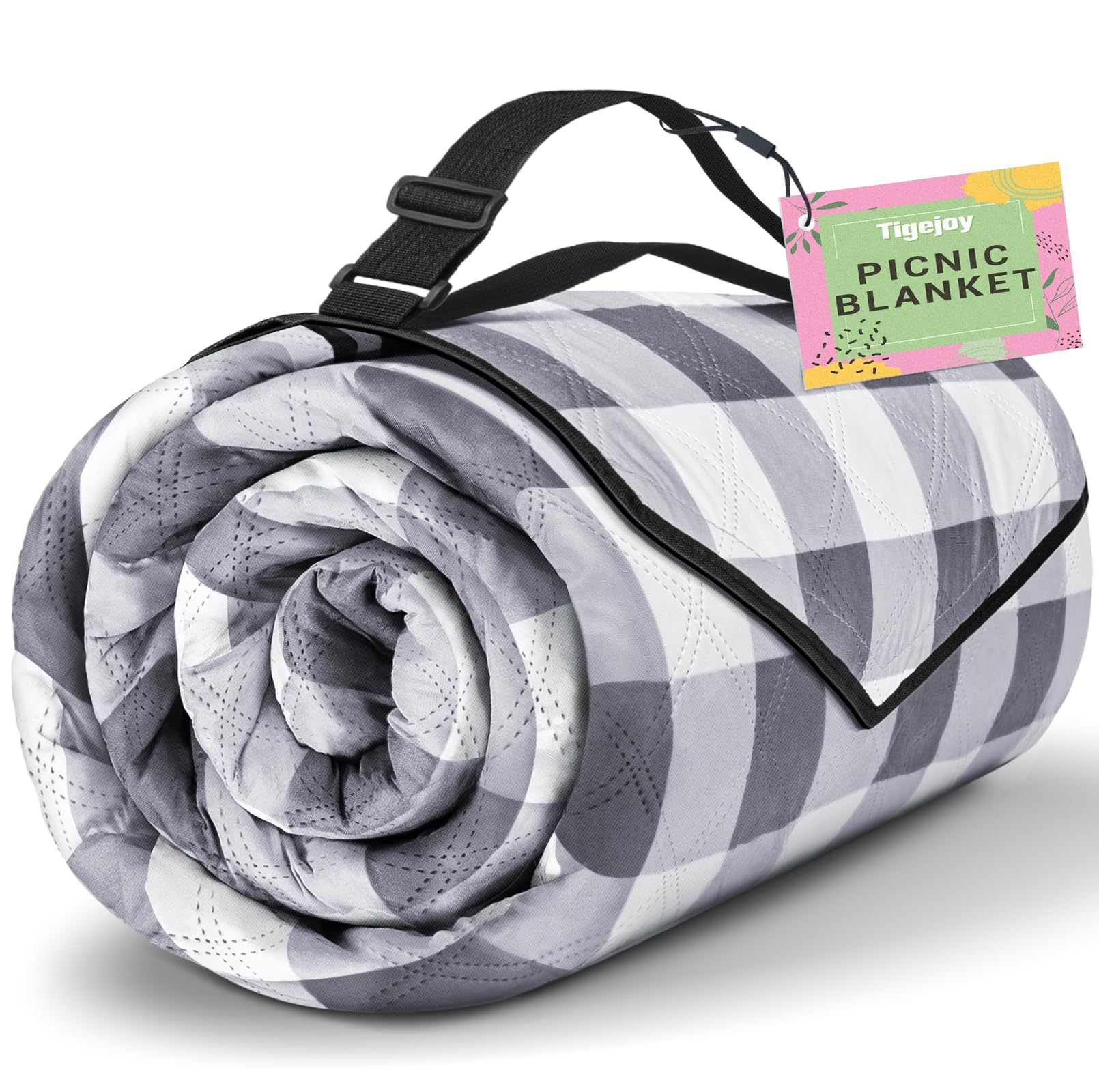 TigeJoy Extra große Picknickdecke, wasserdicht, Stranddecke, 203 x 203 cm | Outdoor-Picknickmatte, sanddicht, für Park, Strand, Gras, Reisen, Wandern, Camping-Essentials, Gingham-Picknickdecke, faltbar