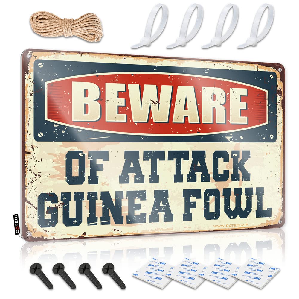 HELIOFORGE Tin Bar Signs Beware Of Attack Guinea Fowl Sign Metal Tin Signs Funny Men Cave Decor(30X40CM)