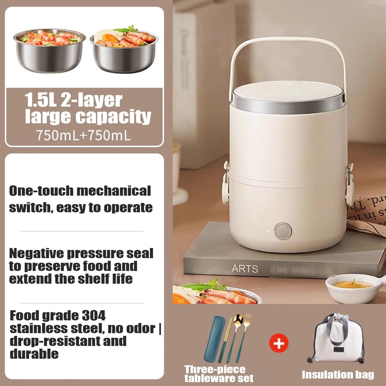 Fiambrera Eléctrica 270 W 3 en 1 con Contenedor de Acero Inoxidable 304 de 1,5 L/bolsa Aislada/juego de Cubiertos, Operación con Un Solo Toque,Fiambrera Calentadora de Alimentos Para Oficina,Escuela