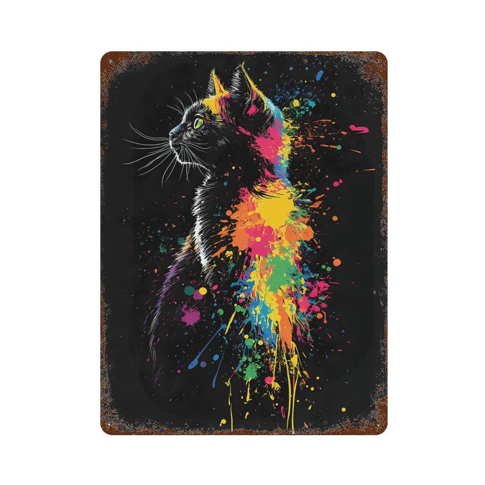 Distressed Metal Wall Sign with Colorful Cat Splash Art Design 15.7"x11.8", for Office, Studio And Wall Decor, Industrial Home Decor