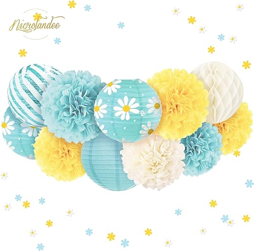 Miniatura 2 de NICROLANDEE 12 linternas de papel de margaritas amarillas y azules, pompones, confeti de mesa, 1.76 oz para el día de la madre, fiesta de