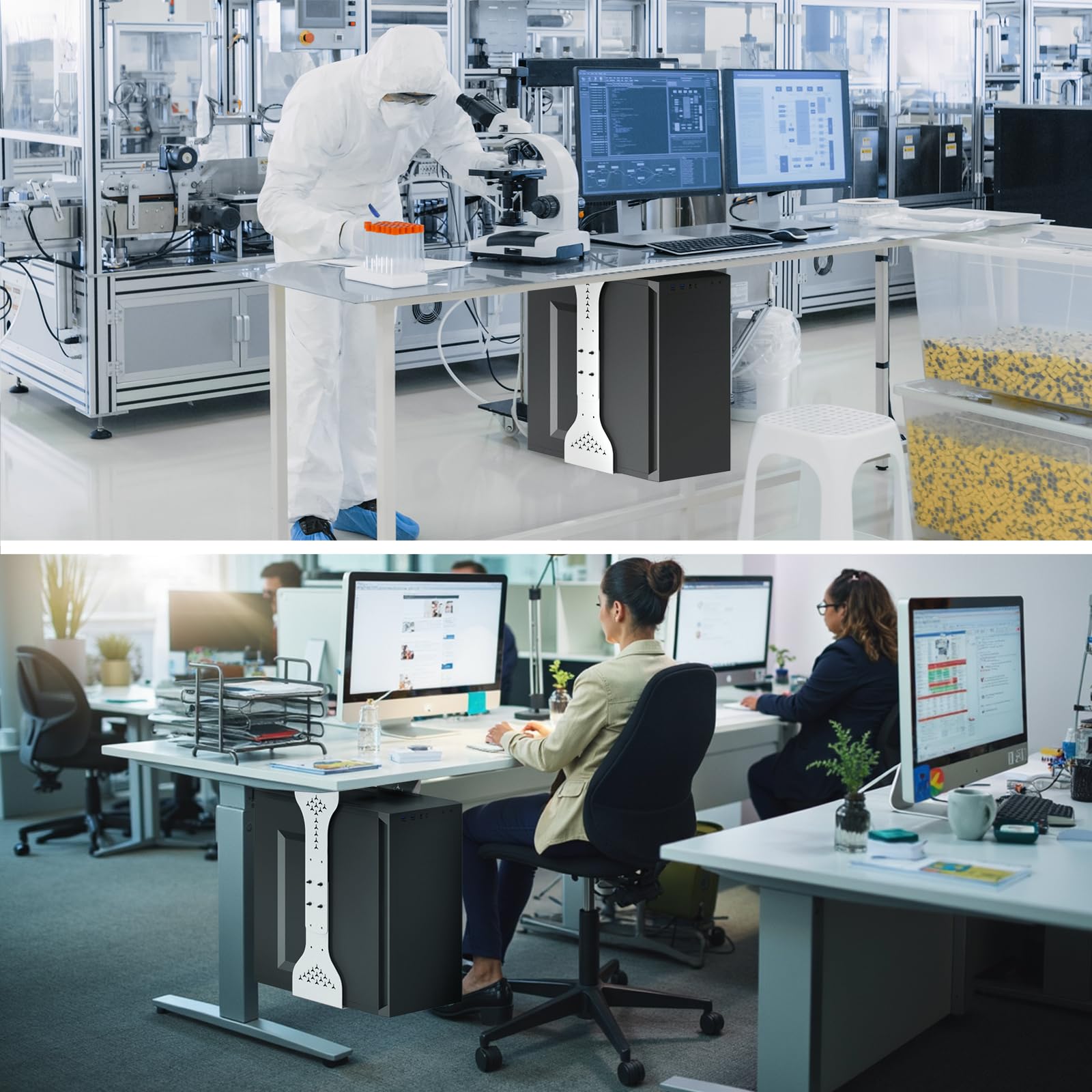 PUTORSEN Supporto per PC sotto scrivania, larghezza massima fino a 340 mm, portata fino a 35 kg, supporto da tavolo in PC con imbottitura protettiva, alloggiamento per computer resistente, bianco