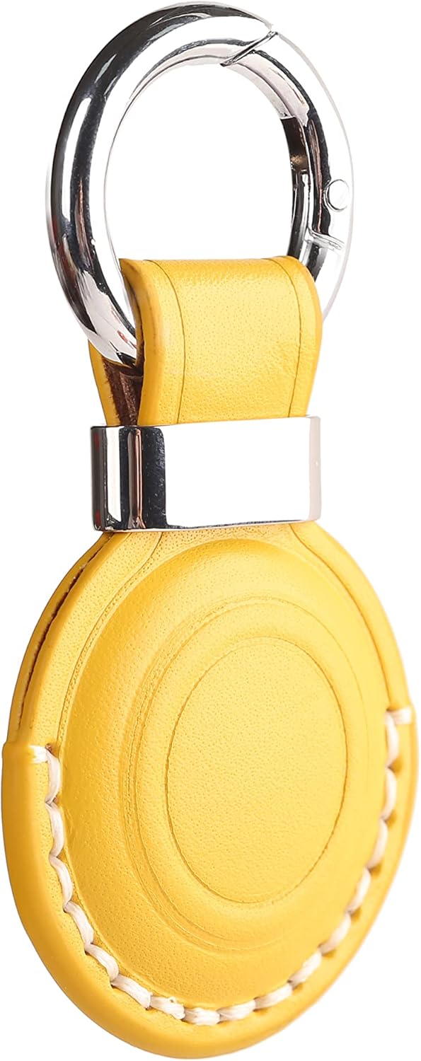 2 Pack LQU Genuine Leather Keychain Holder Compatible with Airtag, Secure Air Tag Keychain Holder Case Cover Key Chain Ring Accessories for Air Tag - Yellow V2.0