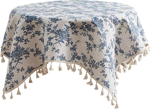 Square Floral Tablecloth French Vintage Cotton Linen Tablecloth with Tassels, Small Wild Flowers and Green Leaves Washable Table Cover for Farmhouse Home Kitchen Dining Picnic Decor A