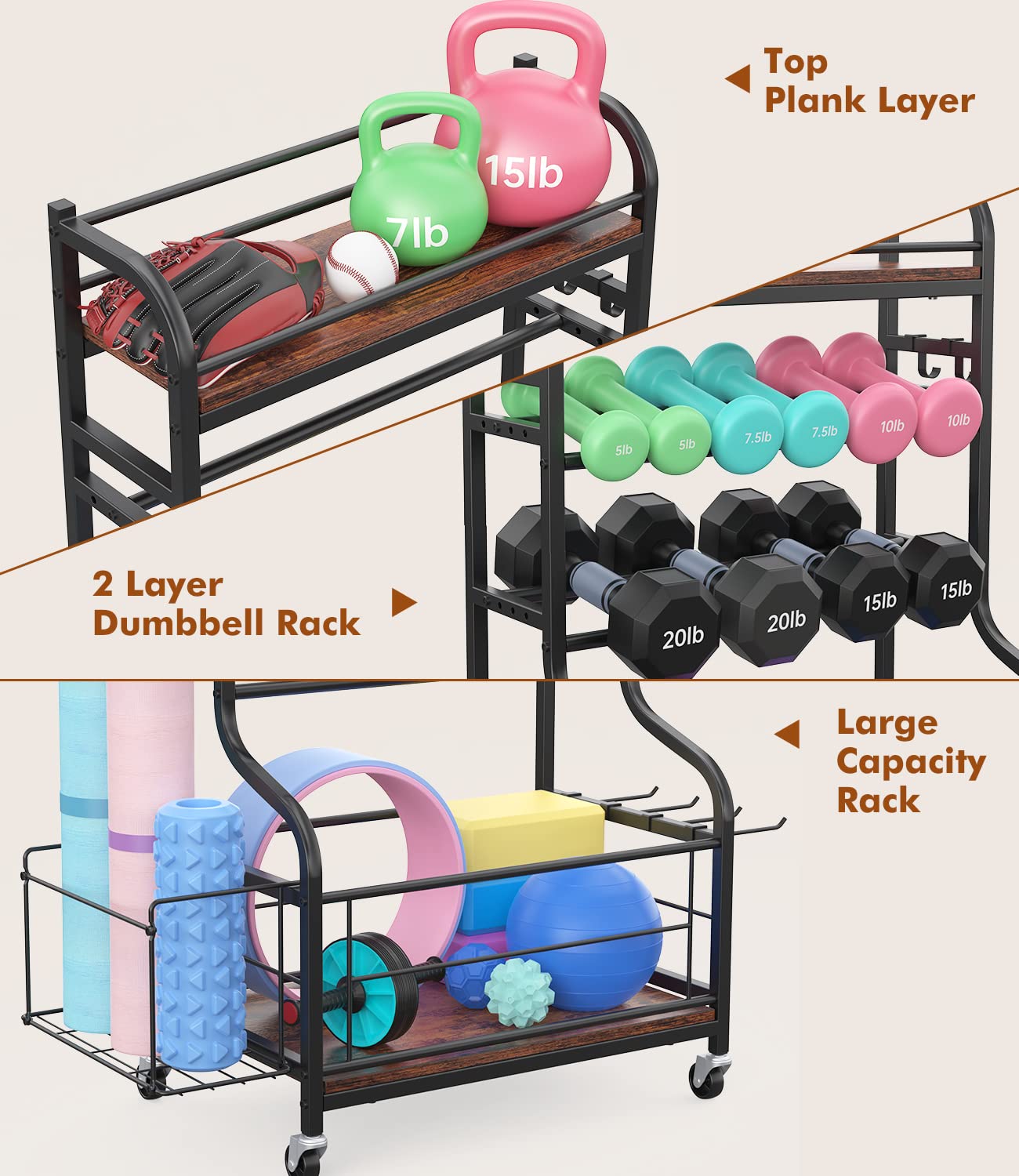Scaffale Porta Attrezzi Palestra VILAWLENCE – Con Ruote E Ganci, Per Manubri, Kettlebell, Tappetini Yoga – Capacità 113kg
