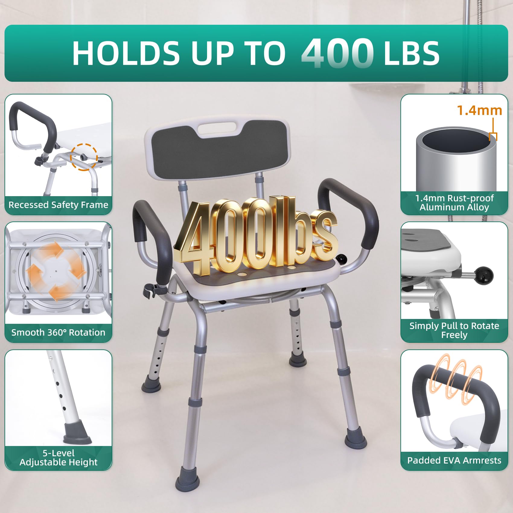 Silla de ducha giratoria con brazos y respaldo, silla de ducha resistente de 400 libras para ancianos y discapacitados, taburete de ducha ajustable en altura para ducha interior, asiento de banco de