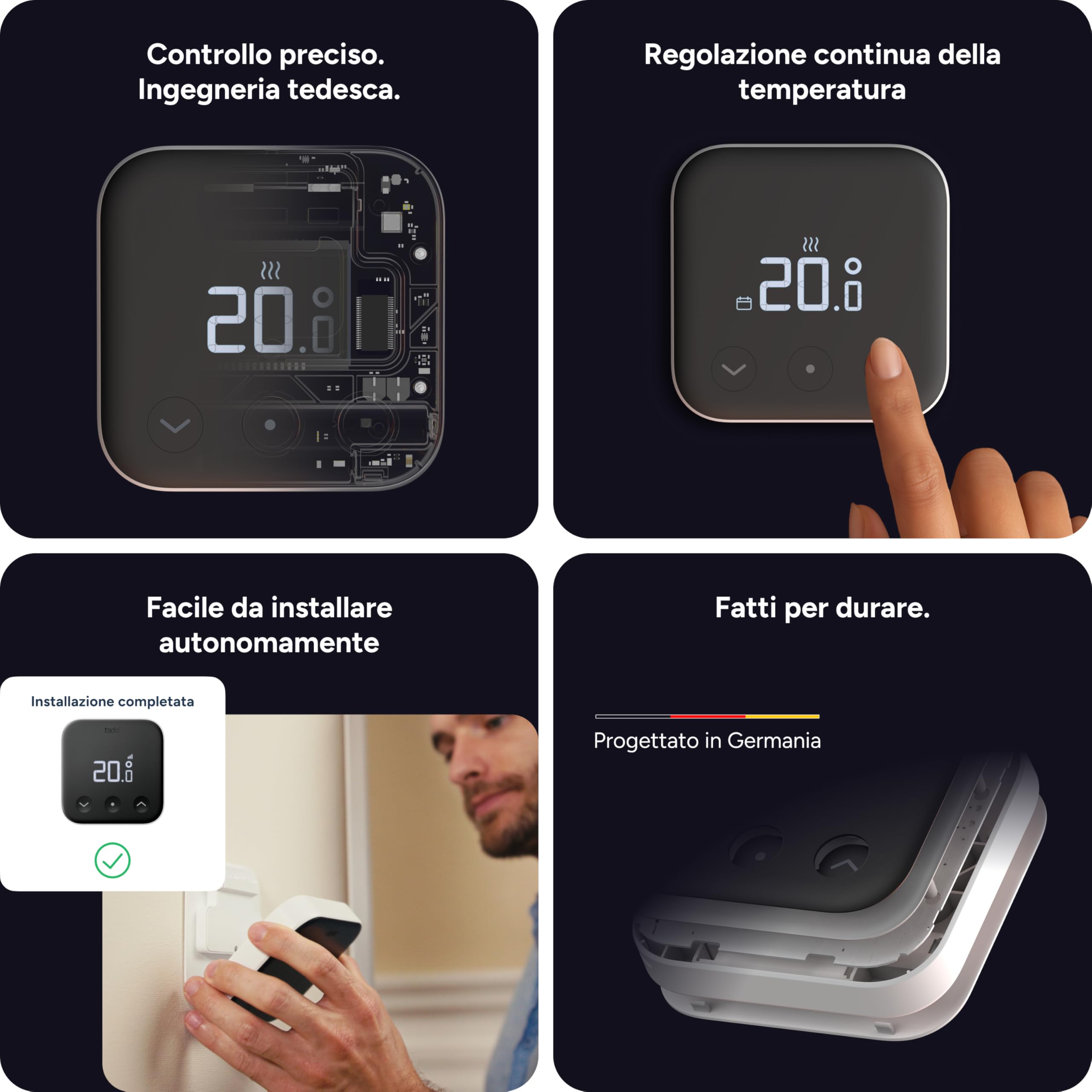 tado° Termostato Intelligente Wireless X – Kit base + supporto Funziona con la maggior parte delle caldaie e pompe di calore (Relè/OpenTherm). Controllo via app e smart speaker.