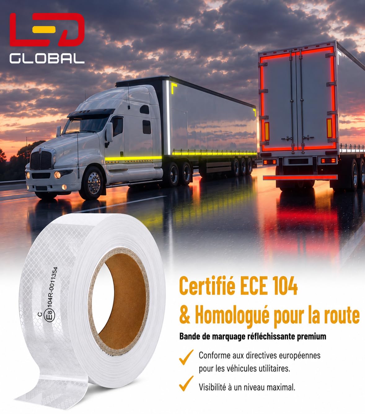 Ruban Réfléchissant Adhésif Blanc 50 m x 5 cm – Bande de Marquage de Contour E-Mark ECE R104 Classe C pour Camion, Remorque et Véhicule Utilitaire