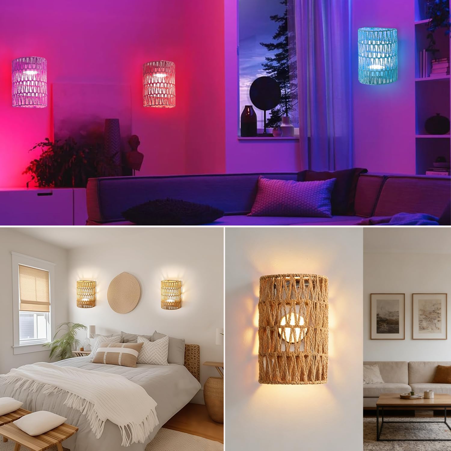 2 Stück Boho Rattan Wandlampe Innen Akku Wandleuchte Ohne Stromanschluss RGB Dimmbare Wandleuchten mit Fernbedienung Retro Nachttischlampe für Schlafzimmer Wohnzimmer Flur