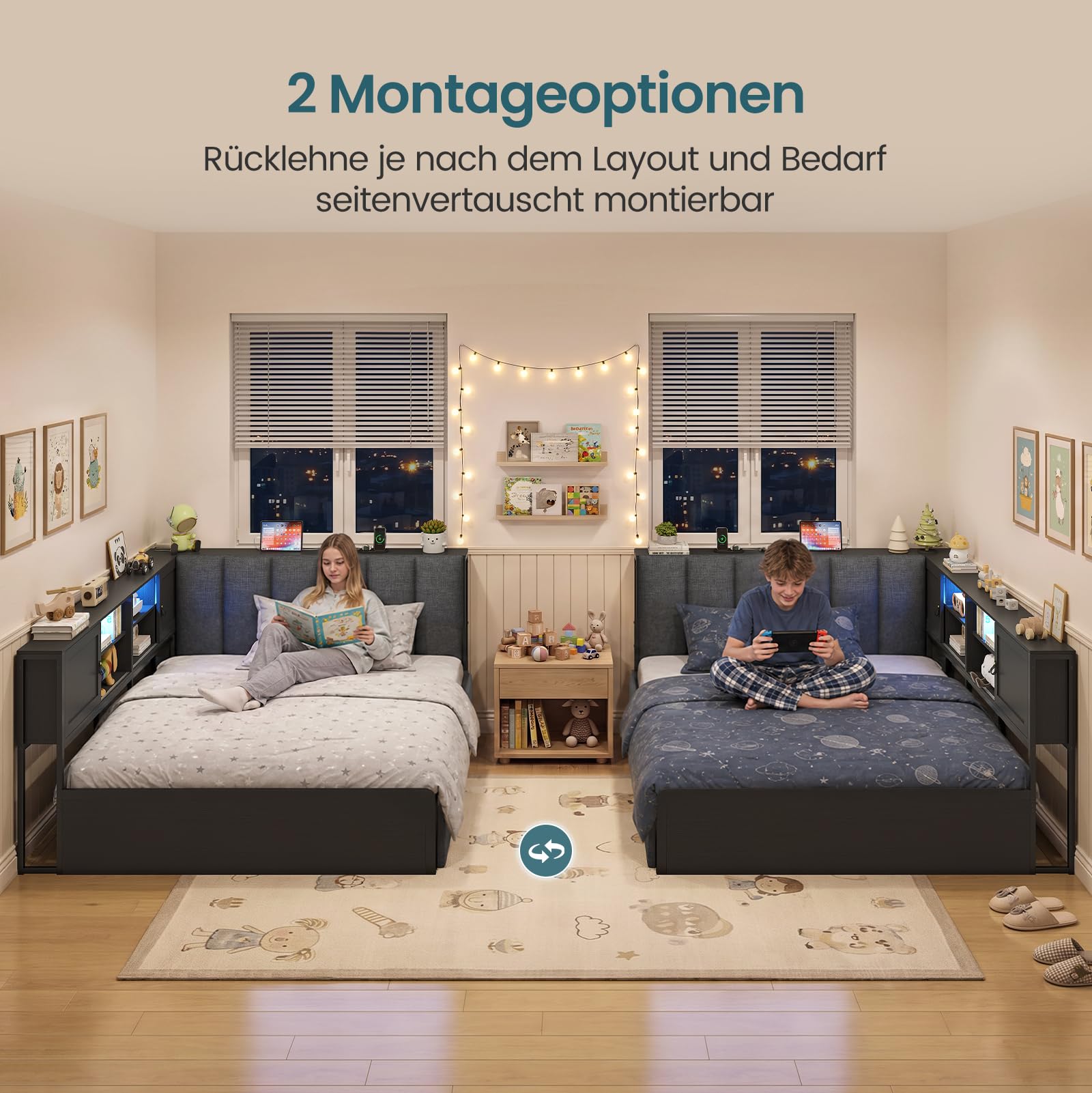 KIMENICH Polsterbett Schlafsofa 140x200 cm, Jugendbett 140x200 cm mit LED-Beleuchtung und Ladestation, Tagesbett mit 2 Schubladen, Seitenschrank mit Schiebetüren, Kopfteil mit Stauraum, Schwarz