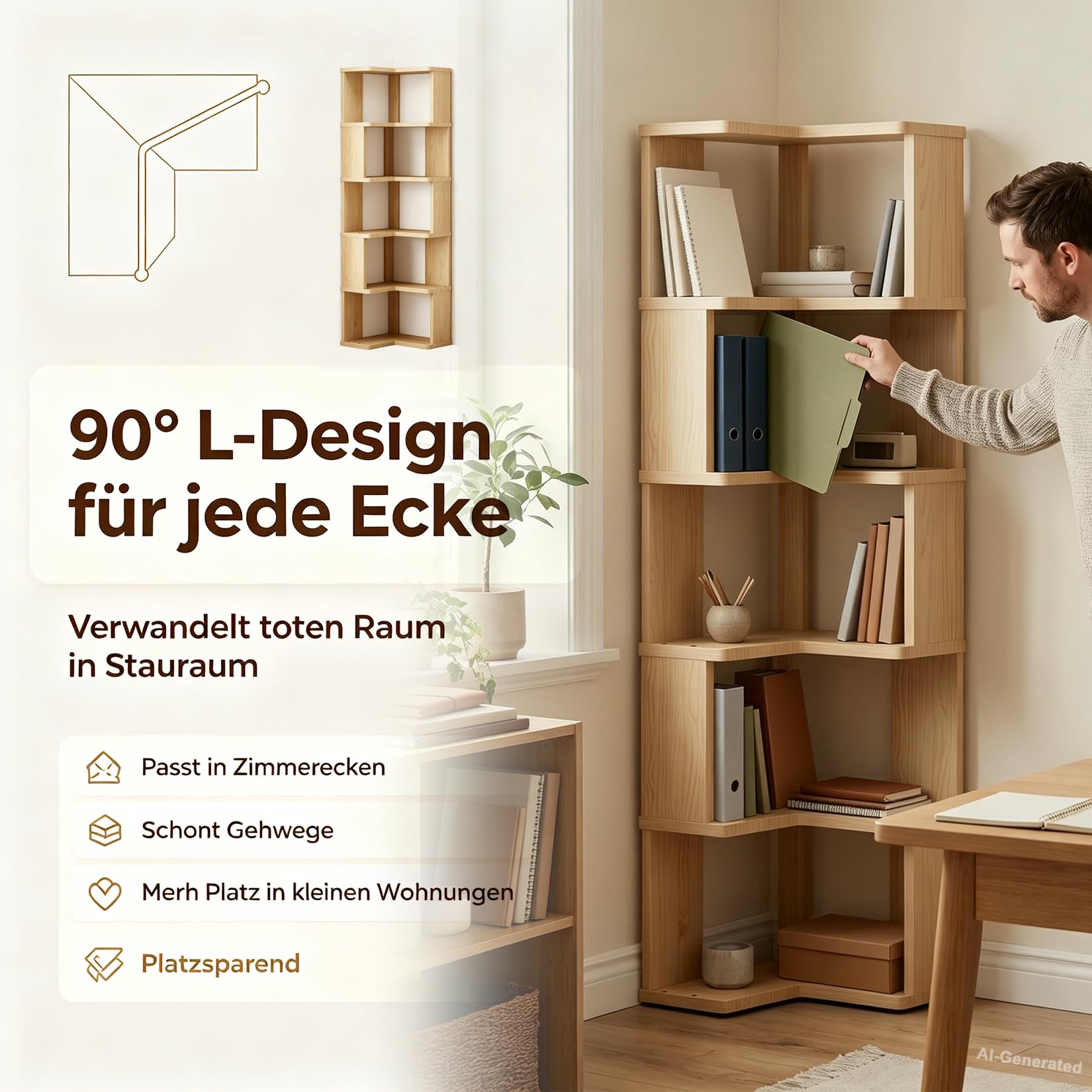 Eckregal Bücherregal aus Massivholz 5 Ebenen Platzsparend Wohnzimmer