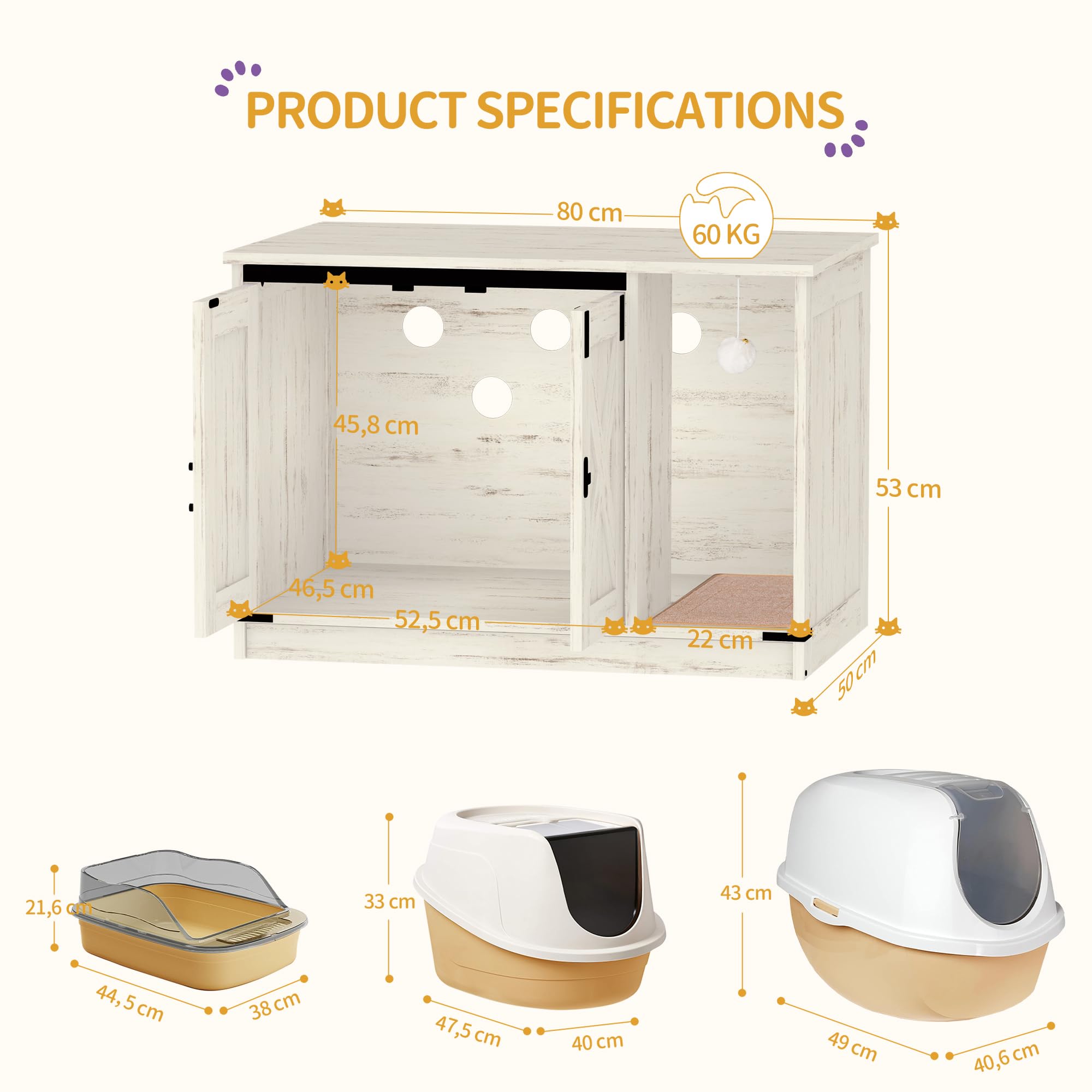 Hzuaneri Armario para Gatos, Mueble Arenero Gatos, Mueble para Caja de Arena Oculta con Campana para Gato, Casa para Gato de Interior 80 x 50 x 53 cm, para Dormitorio, Blanco CB82414B