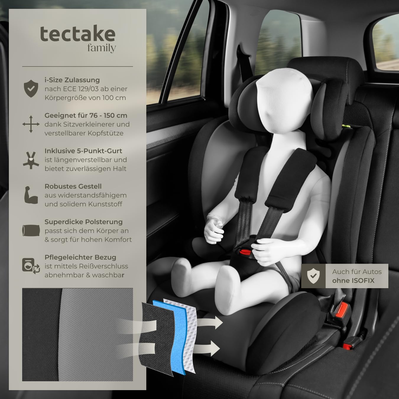 tectake® Autositz mit 5-Punkt-Gurt, i-Size Zulassung, mit Seitenaufprallschutz, Kindersitz Sitzerhöhung für Kinder von 76-150 cm, bis 36 kg, Kindersitzerhöhung, ohne Isofix - dunkelgrau/schwarz