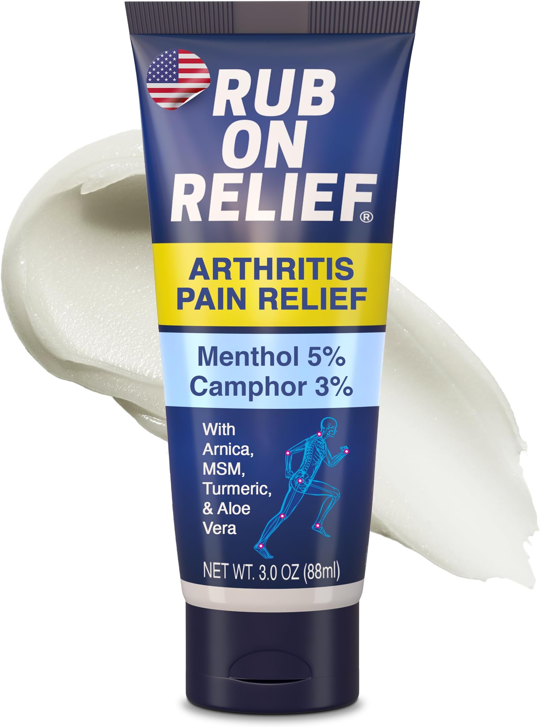 RUB ON RELIEF Arthritis Pain Relief Cream – 10-in-1 Non-Greasy Joints Pain Cream for Knees, Back, Neck, Hands, & Muscle Aches with Menthol, Camphor, Arnica, MSM & Turmeric Up to 8 Hours, 3oz (1 Pack)
