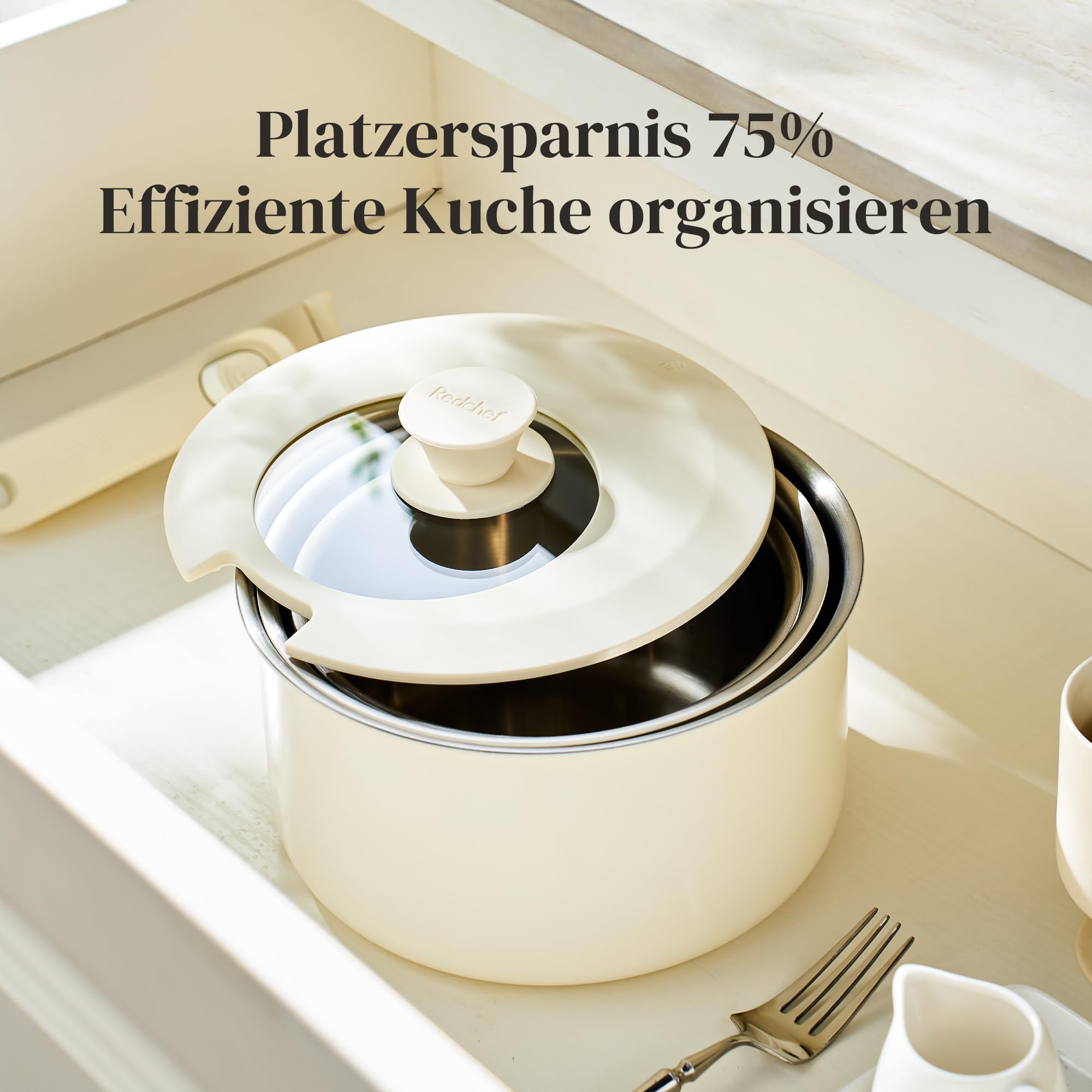 Redchef Batterie de cuisine induction acier inoxydable avec poignées amovibles, set 3 casseroles non revêtue 16/18/20 cm, compatible tous feux, couvercle 3 en 1, passe au four (beige)