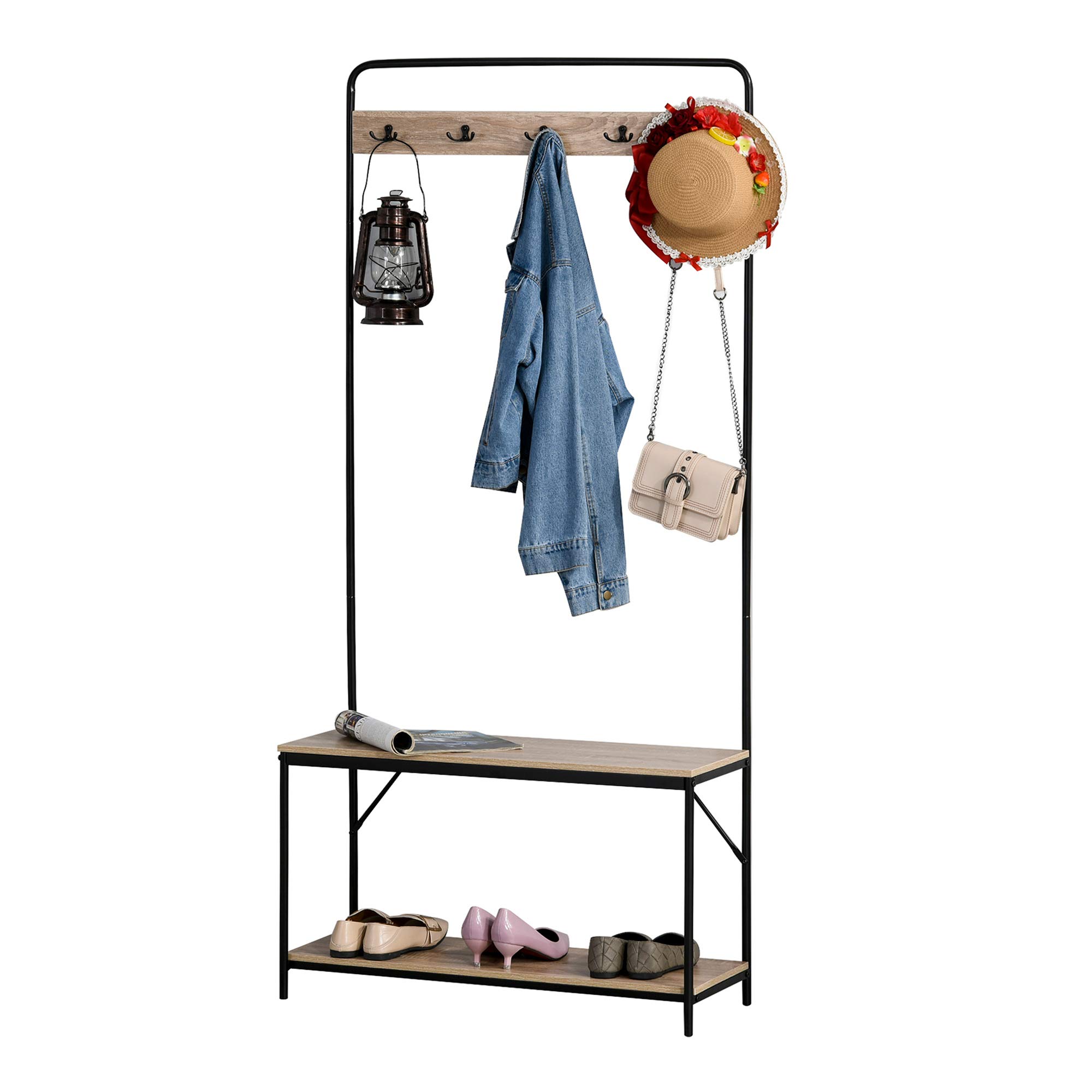 HOMCOM 3 in 1 Appendiabiti con Panca e Scarpiera, 80.5x30x170 cm, Nero | Stile Industriale, Mobile per Ingresso Vintage, Legno e Acciaio