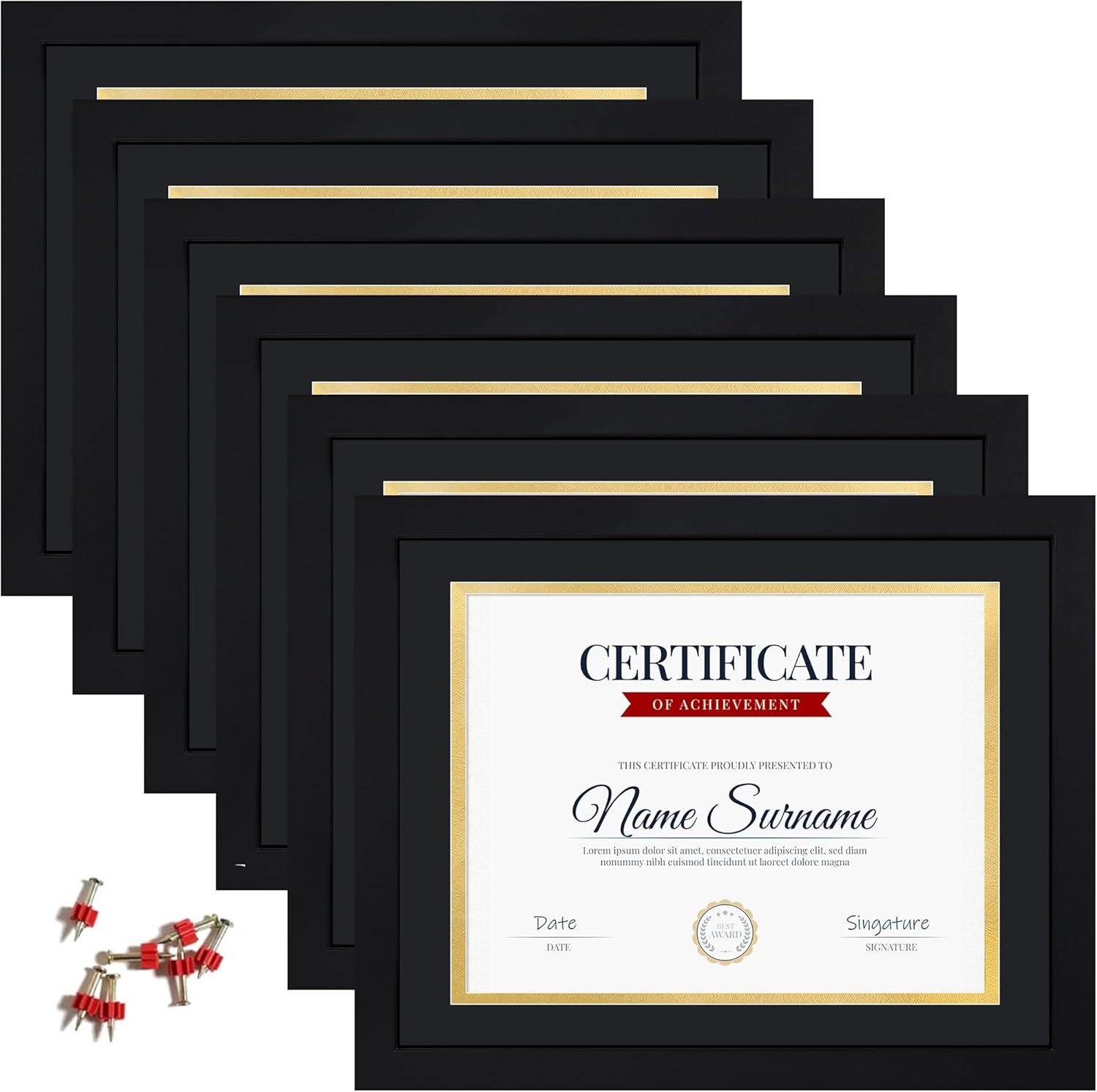 11x14 Picture Frame with Tempered Glass for 8.5x11 Certificate Frame with Mat, Document Diploma Award Degree Frame for Wall Hanging or Tabletop Display, Black, 6 Pack