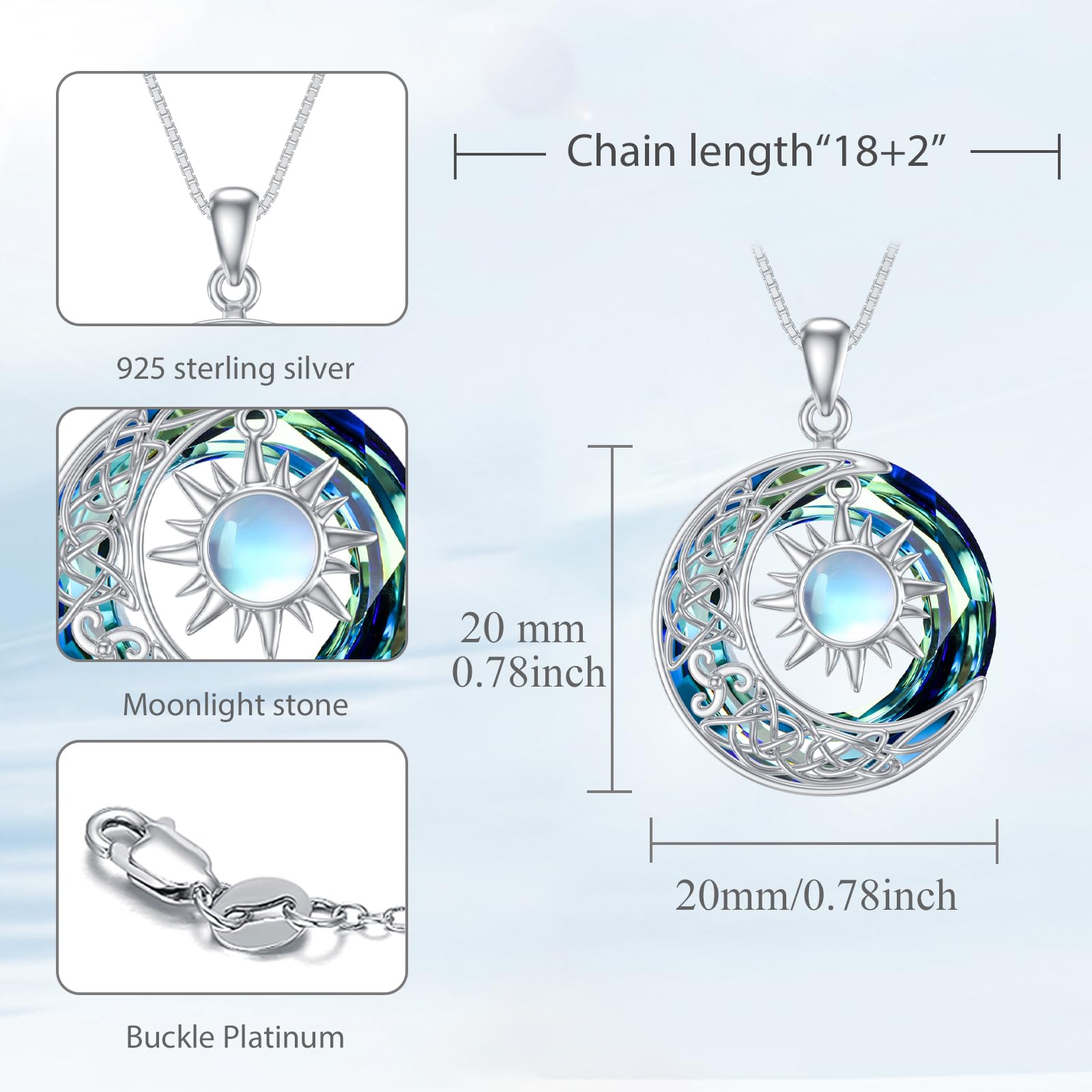 REDSUN Collana con ciondolo a forma di luna e sole, in argento Sterling 925, motivo celtico, con pietra di luna e sole, gioiello regalo per donne e ragazze