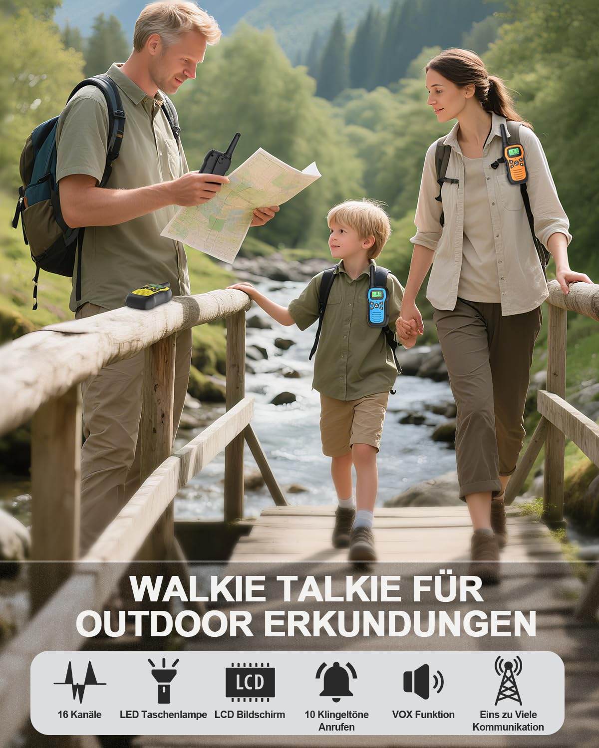 Walkie Talkie, Walkie Talkie Aufladbar für Kinder mit 16 Kanäle, 3er Set Funkgerät mit VOX Funktion, LED Taschenlampe, 3 Meilen Lange Distanz für Wandern Camping Abenteuer
