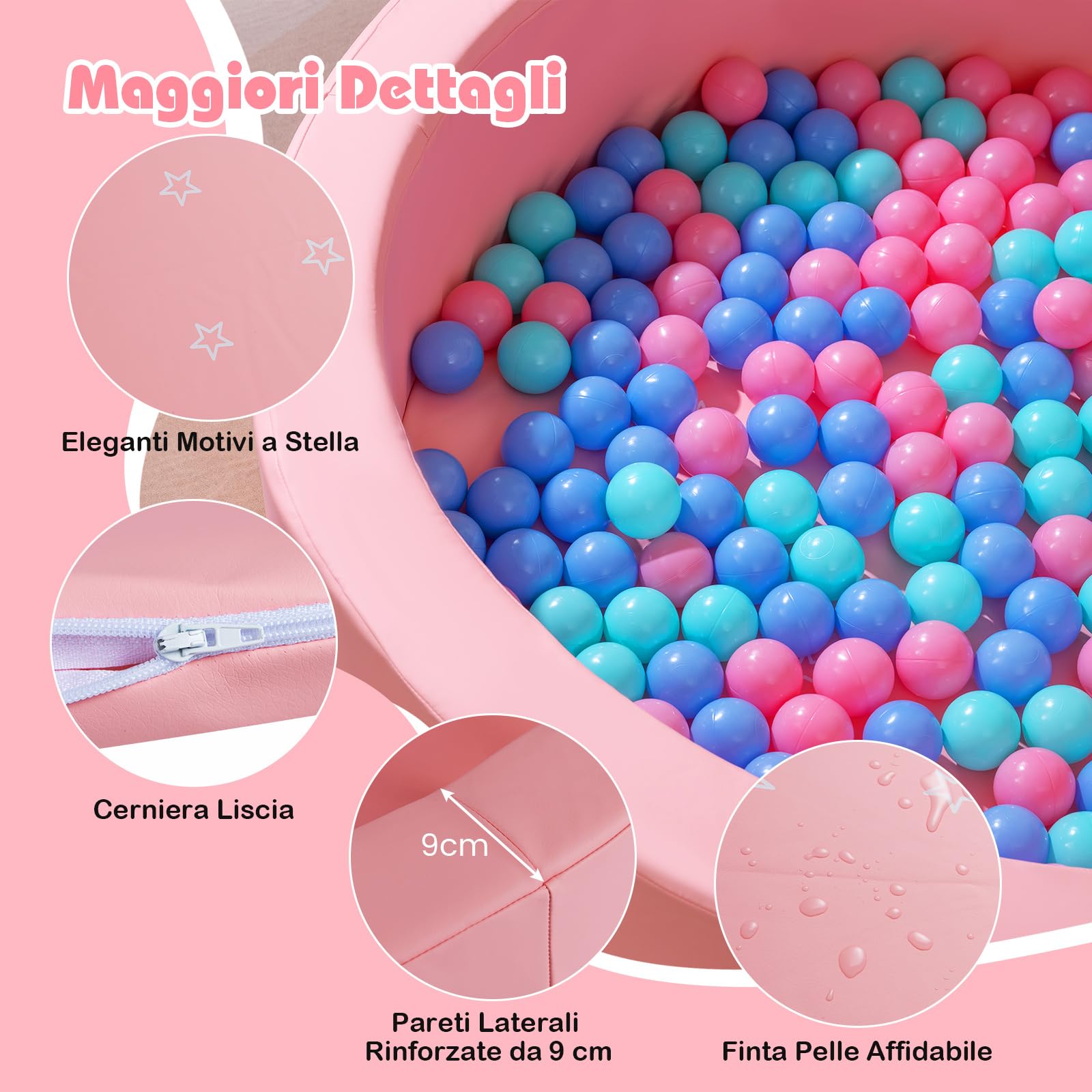 COSTWAY Piscina di Palline per Bambini, Vasca Rotonda con 200 Palline Colorate, Sacchetto in Rete e Copertura Rimovibile, Piscinetta in Morbida Schiuma per Soggiorno e Camera di Bambino (Rosa)