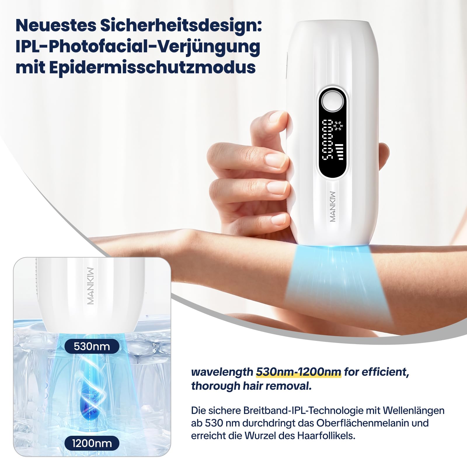MANKIW IPL Geräte Haarentfernung mit Kühlfunktion, 5 Energiestufen & 500.000 Lichtimpulse, Automatik- & Einzelmodus, Laser Haarentfernung Alternative, Epilierer Damen für Beine, Achseln & Bikini