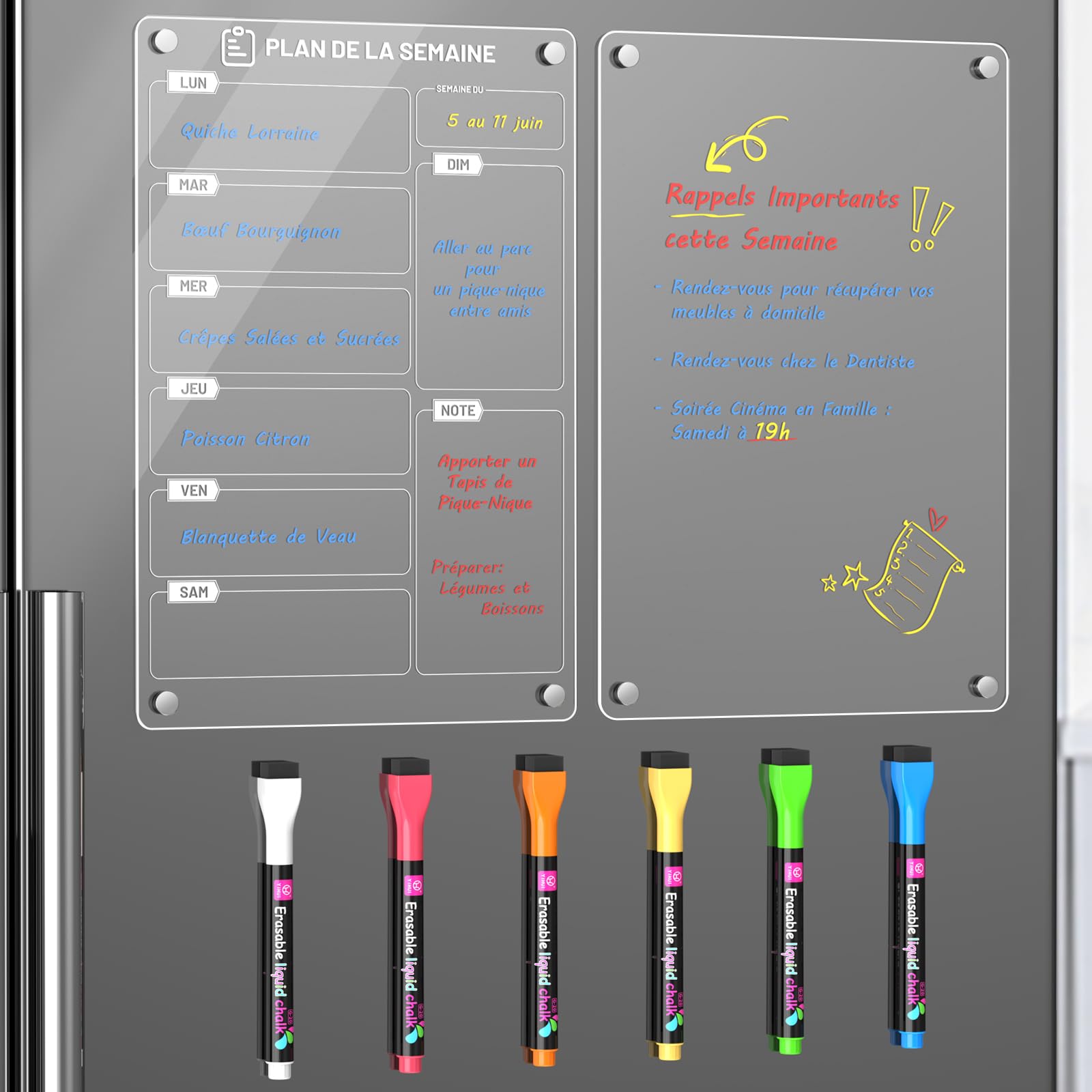 Lot de 2 Tableau Magnétique Frigo 30 x 20 cm Acrylique Planning Semaine Effaçable Transparent avec Marqueur à Craie Liquide 6 Couleurs